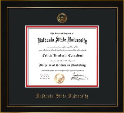 Image of Valdosta State University Diploma Frame - Honors Black Satin - w/Embossed Seal & Name - Black on Red mats