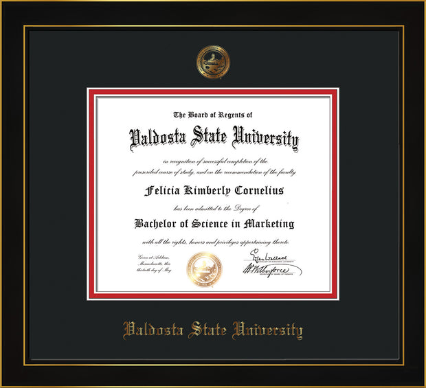 Image of Valdosta State University Diploma Frame - Honors Black Satin - w/Embossed Seal & Name - Black on Red mats
