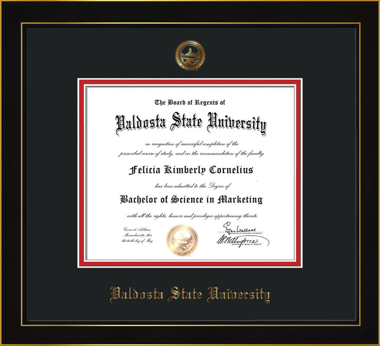 Image of Valdosta State University Diploma Frame - Honors Black Satin - w/Embossed Seal & Name - Black on Red mats
