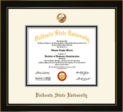 Image of Valdosta State University Diploma Frame - Honors Black Satin - w/Copper Embossed Seal & Name - Off-White on Black mats