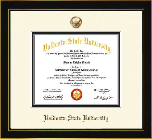 Image of Valdosta State University Diploma Frame - Honors Black Satin - w/Copper Embossed Seal & Name - Off-White on Black mats