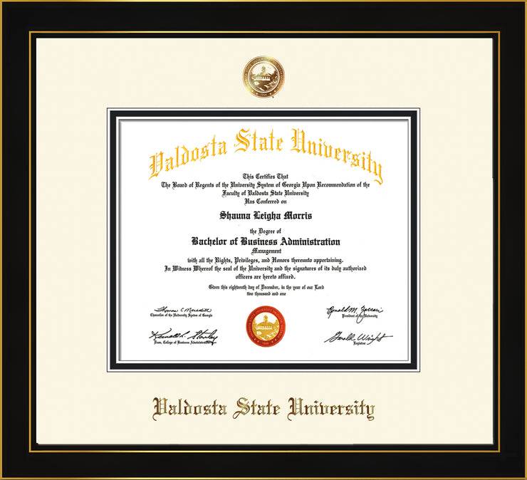 Image of Valdosta State University Diploma Frame - Honors Black Satin - w/Copper Embossed Seal & Name - Off-White on Black mats
