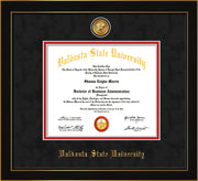 Image of Valdosta State University Diploma Frame - Honors Black Satin - w/24k Gold-Plated Medallion VSU Name Embossing - Black Suede on Red mats