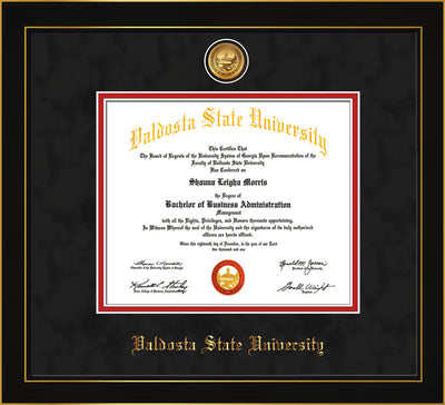 Image of Valdosta State University Diploma Frame - Honors Black Satin - w/24k Gold-Plated Medallion VSU Name Embossing - Black Suede on Red mats