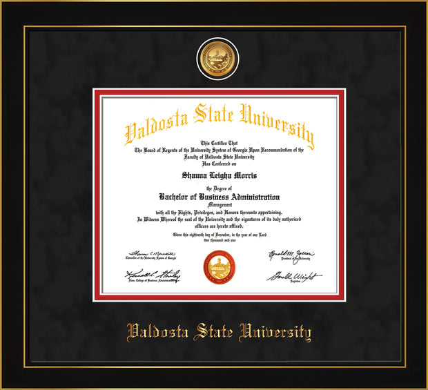 Image of Valdosta State University Diploma Frame - Honors Black Satin - w/24k Gold-Plated Medallion VSU Name Embossing - Black Suede on Red mats