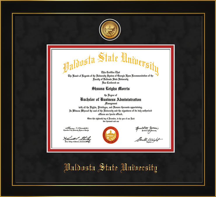 Image of Valdosta State University Diploma Frame - Honors Black Satin - w/24k Gold-Plated Medallion VSU Name Embossing - Black Suede on Red mats