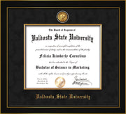 Image of Valdosta State University Diploma Frame - Honors Black Satin - w/24k Gold-Plated Medallion VSU Name Embossing - Black Suede on Red mats