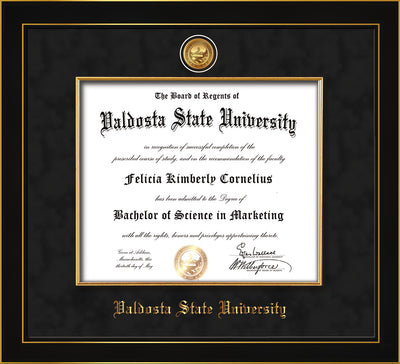 Image of Valdosta State University Diploma Frame - Honors Black Satin - w/24k Gold-Plated Medallion VSU Name Embossing - Black Suede on Red mats