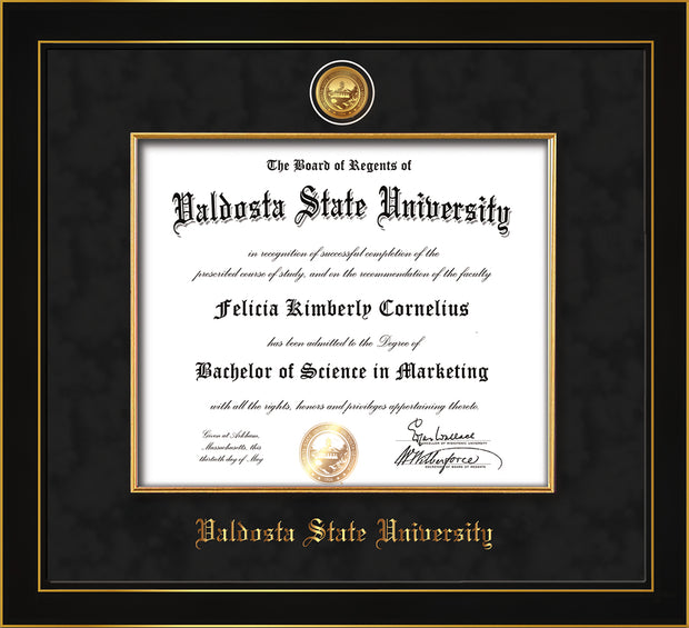 Image of Valdosta State University Diploma Frame - Honors Black Satin - w/24k Gold-Plated Medallion VSU Name Embossing - Black Suede on Red mats
