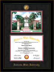 Image of Valdosta State University Diploma Frame - Honors Black Satin - w/24k Gold-Plated Medallion & Embossed School - Watercolor - Black Suede on Red