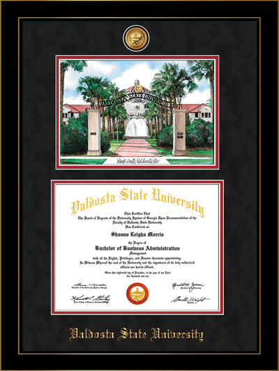 Image of Valdosta State University Diploma Frame - Honors Black Satin - w/24k Gold-Plated Medallion & Embossed School - Watercolor - Black Suede on Red
