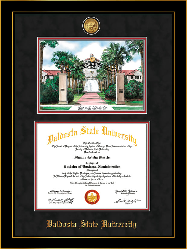 Image of Valdosta State University Diploma Frame - Honors Black Satin - w/24k Gold-Plated Medallion & Embossed School - Watercolor - Black Suede on Red