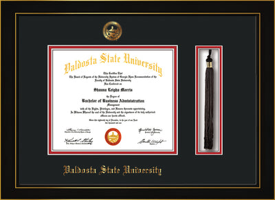 Image of Valdosta State University Diploma Frame - Honors Black Satin - w/Embossed Seal & Name - Tassel Holder - Black on Red mats