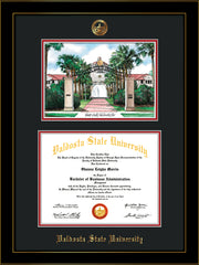 Image of Valdosta State University Diploma Frame - Honors Black Satin - w/Embossed Seal & Name - Watercolor - Black on Red mats
