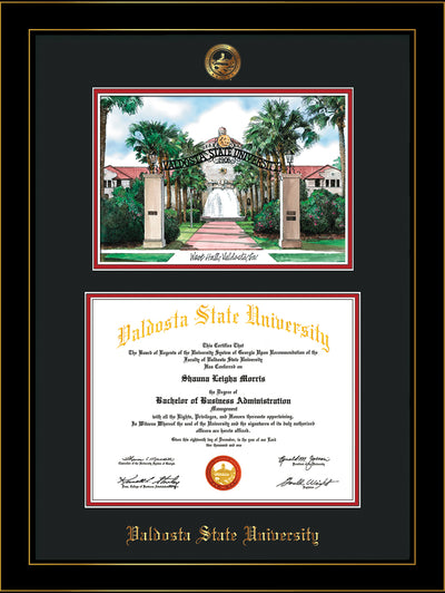 Image of Valdosta State University Diploma Frame - Honors Black Satin - w/Embossed Seal & Name - Watercolor - Black on Red mats