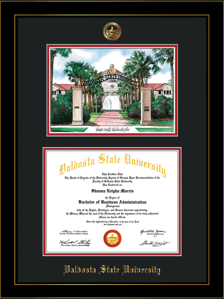 Image of Valdosta State University Diploma Frame - Honors Black Satin - w/Embossed Seal & Name - Watercolor - Black on Red mats