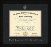 Virginia Tech Diploma Frame - Flat Matte Black - w/Silver Embossed VT Seal & Name - Black Suede on Maroon mat