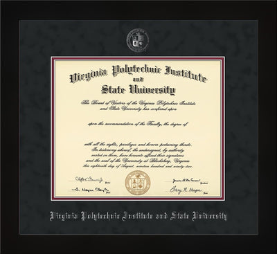 Virginia Tech Diploma Frame - Flat Matte Black - w/Silver Embossed VT Seal & Name - Black Suede on Maroon mat