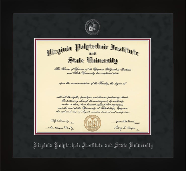 Virginia Tech Diploma Frame - Flat Matte Black - w/Silver Embossed VT Seal & Name - Black Suede on Maroon mat