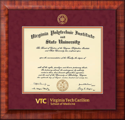 Image of Virginia Tech Diploma Frame - Mezzo Gloss - w/Embossed VT Carilion School of Medicine Seal & Wordmark - Maroon Suede on Orange mat