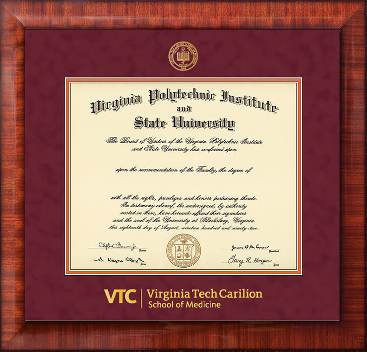 Image of Virginia Tech Diploma Frame - Mezzo Gloss - w/Embossed VT Carilion School of Medicine Seal & Wordmark - Maroon Suede on Orange mat