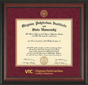 Image of Virginia Tech Diploma Frame - Rosewood - w/Embossed VT Carilion School of Medicine Seal & Wordmark - Maroon Suede on Orange mat