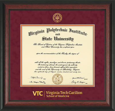 Image of Virginia Tech Diploma Frame - Rosewood - w/Embossed VT Carilion School of Medicine Seal & Wordmark - Maroon Suede on Orange mat