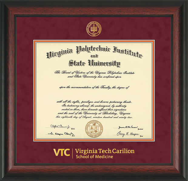 Image of Virginia Tech Diploma Frame - Rosewood - w/Embossed VT Carilion School of Medicine Seal & Wordmark - Maroon Suede on Orange mat