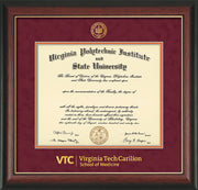 Image of Virginia Tech Diploma Frame - Rosewood with Gold Lip - w/Embossed VT Carilion School of Medicine Seal & Wordmark - Maroon Suede on Orange mat