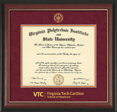 Image of Virginia Tech Diploma Frame - Rosewood with Gold Lip - w/Embossed VT Carilion School of Medicine Seal & Wordmark - Maroon Suede on Orange mat