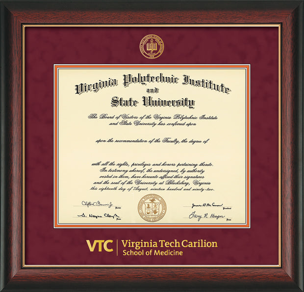 Image of Virginia Tech Diploma Frame - Rosewood with Gold Lip - w/Embossed VT Carilion School of Medicine Seal & Wordmark - Maroon Suede on Orange mat