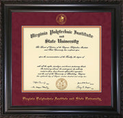 Image of Virginia Tech Diploma Frame - Vintage Black Scoop - w/Embossed VT Seal & Name - Maroon Suede on Orange mat