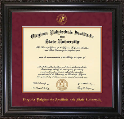 Image of Virginia Tech Diploma Frame - Vintage Black Scoop - w/Embossed VT Seal & Name - Maroon Suede on Orange mat