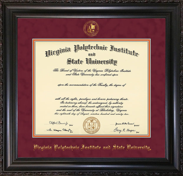 Image of Virginia Tech Diploma Frame - Vintage Black Scoop - w/Embossed VT Seal & Name - Maroon Suede on Orange mat