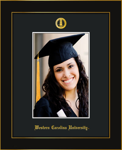 Image of Western Carolina University 5 x 7 Photo Frame - Honors Black Satin - w/Official Embossing of WCU Seal & Name - Single Black mat