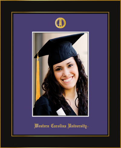 Image of Western Carolina University 5 x 7 Photo Frame - Honors Black Satin - w/Official Embossing of WCU Seal & Name - Single Purple mat