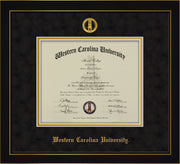 Image of Western Carolina University Diploma Frame - Honors Black Satin - w/Embossed Seal & Name - Black Suede on Gold mats