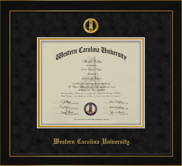 Image of Western Carolina University Diploma Frame - Honors Black Satin - w/Embossed Seal & Name - Black Suede on Gold mats
