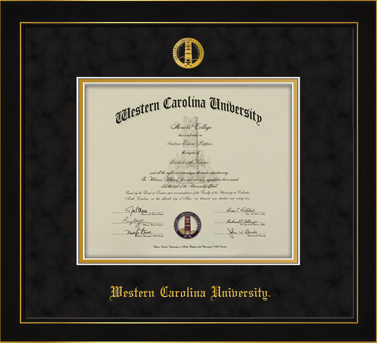 Image of Western Carolina University Diploma Frame - Honors Black Satin - w/Embossed Seal & Name - Black Suede on Gold mats