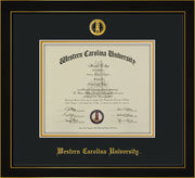 Image of Western Carolina University Diploma Frame - Honors Black Satin - w/Embossed Seal & Name - Black on Gold mats