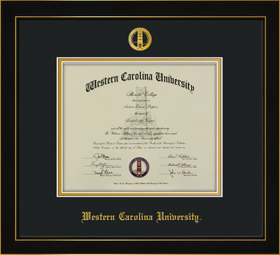 Image of Western Carolina University Diploma Frame - Honors Black Satin - w/Embossed Seal & Name - Black on Gold mats