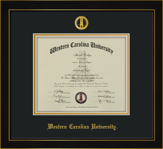 Image of Western Carolina University Diploma Frame - Honors Black Satin - w/Embossed Seal & Name - Black on Gold mats
