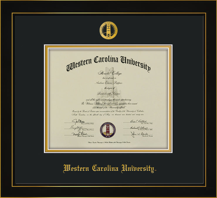 Image of Western Carolina University Diploma Frame - Honors Black Satin - w/Embossed Seal & Name - Black on Gold mats