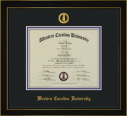 Image of Western Carolina University Diploma Frame - Honors Black Satin - w/Embossed Seal & Name - Black on Purple mats