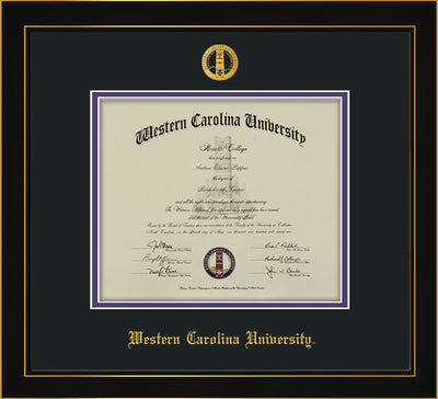 Image of Western Carolina University Diploma Frame - Honors Black Satin - w/Embossed Seal & Name - Black on Purple mats