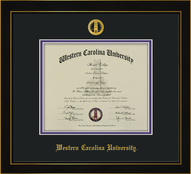 Image of Western Carolina University Diploma Frame - Honors Black Satin - w/Embossed Seal & Name - Black on Purple mats