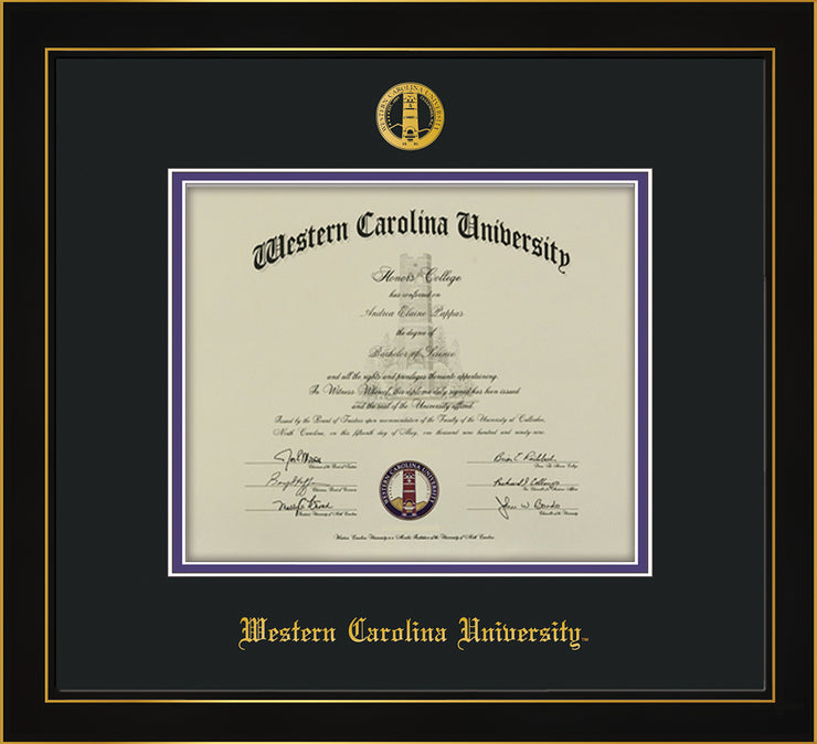 Image of Western Carolina University Diploma Frame - Honors Black Satin - w/Embossed Seal & Name - Black on Purple mats