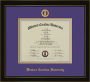 Image of Western Carolina University Diploma Frame - Honors Black Satin - w/Embossed Seal & Name - Purple on Gold mats