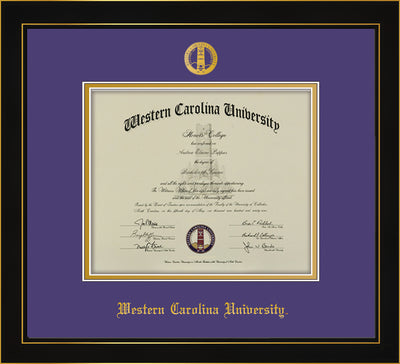 Image of Western Carolina University Diploma Frame - Honors Black Satin - w/Embossed Seal & Name - Purple on Gold mats