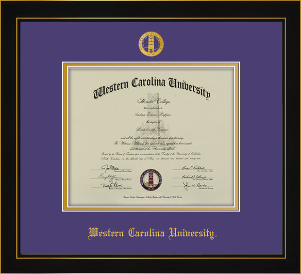 Image of Western Carolina University Diploma Frame - Honors Black Satin - w/Embossed Seal & Name - Purple on Gold mats